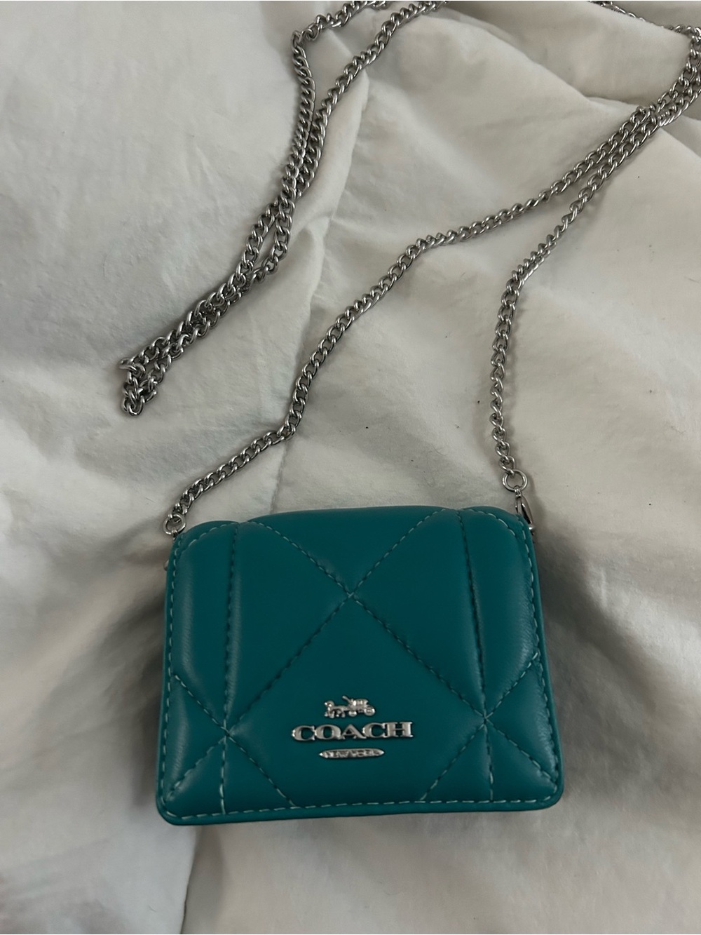 Coach Teal Quilted Mini Crossbody with Silver Chain